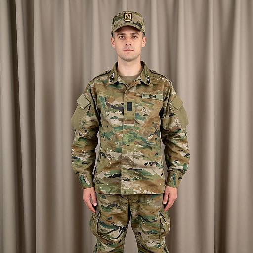 Photograph of a Caucasian male soldier in full camouflage uniform, standing against a gray curtain backdrop, wearing a matching cap.