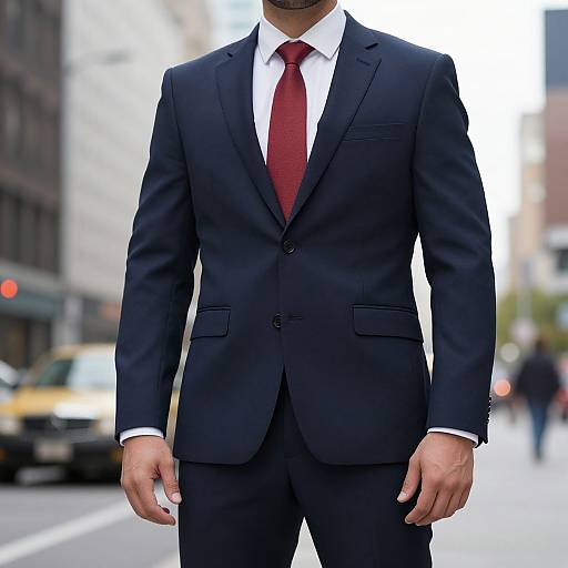 Photograph of a man in a black suit with a white shirt and red tie, standing on a city street, blurred cars and buildings in the background