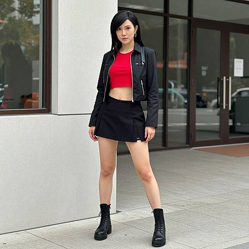 Photograph of an Asian woman with black hair, wearing a red crop top, black jacket, and black mini skirt, standing on a city sidewalk in