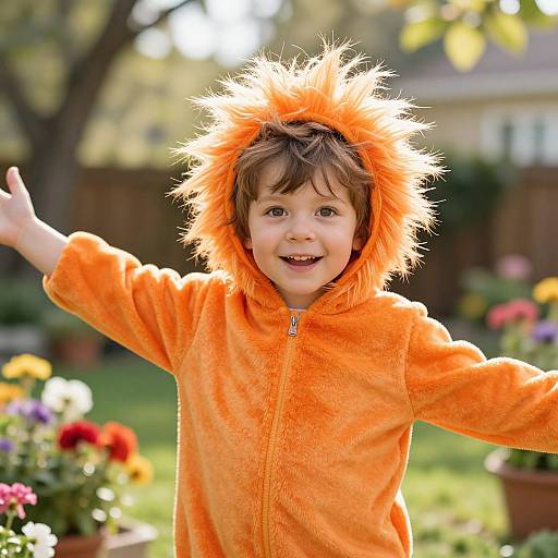 Photograph of a smiling young boy in an orange fuzzy hooded costume with spiky fur, arms outstretched, in a colorful garden.