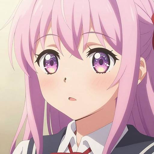 Anime-style digital drawing of a young girl with pink hair, large sparkling purple eyes, and a school uniform, looking upward.