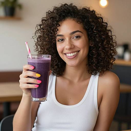 Photograph of a smiling, curly-haired woman with medium brown skin, wearing a white tank top, holding a purple smoothie with a straw in a