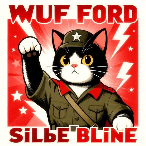 Digital drawing of a black and white cat in a military uniform, raising a paw, with 