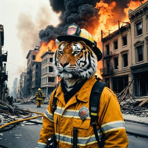 Surreal Tiger Firefighter in Burning City