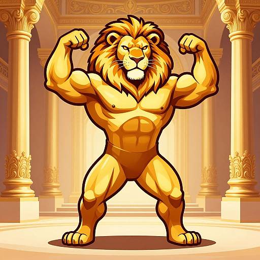 Digital illustration of a muscular anthropomorphic lion flexing in a golden, ornate, classical-style room with columns. Lion wears only a brown loinc