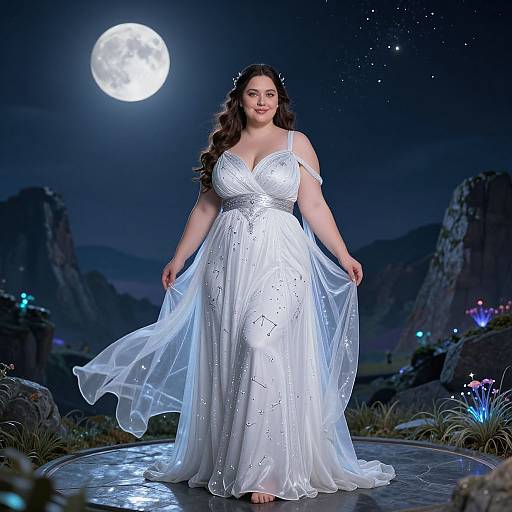 Photograph of a curvy, fair-skinned woman with long brown hair, wearing a sparkling white, off-shoulder gown, under a full