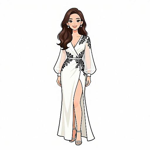Digital illustration of a smiling woman with long brown hair, wearing a white, long-sleeved, V-neck dress with black floral patterns and a high
