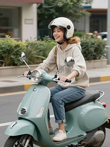 Joyful woman riding teal vintage scooter