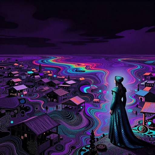 Digital illustration of a silhouetted woman in a long dress, standing on a hill, overlooking a vividly colored, neon-lit village with