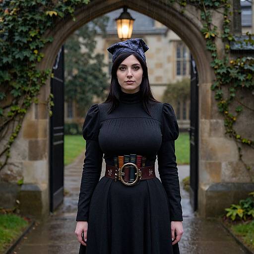 Photograph of a pale-skinned woman with dark hair, wearing a black dress, wide belt, and black headband, standing under a stone arch