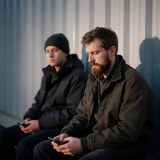 Pensive Men Against Textured Metal Wall