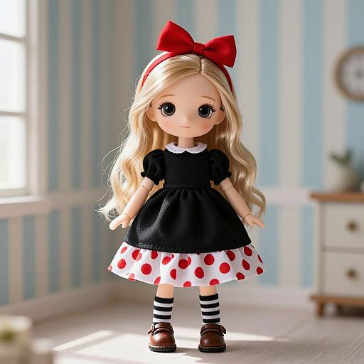 Photograph of a blonde Blythe doll with large eyes, wearing a black dress, white polka dot skirt, red bow, striped leggings,