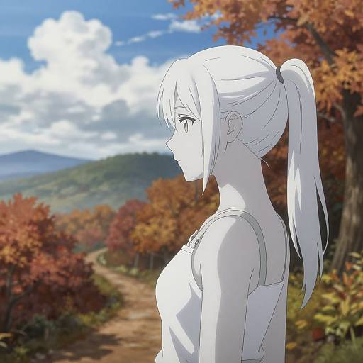 Anime-style digital drawing of a white-haired girl in a tank top, profile view, standing on a forest path with autumn foliage and a blue sky.