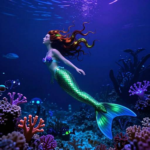 Surreal Mermaid in Bioluminescent Reef