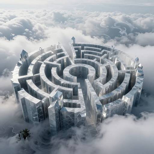 Digital art of a futuristic, glass maze floating among clouds, illuminated by sunlight, with skyscraper-like walls and intricate pathways.