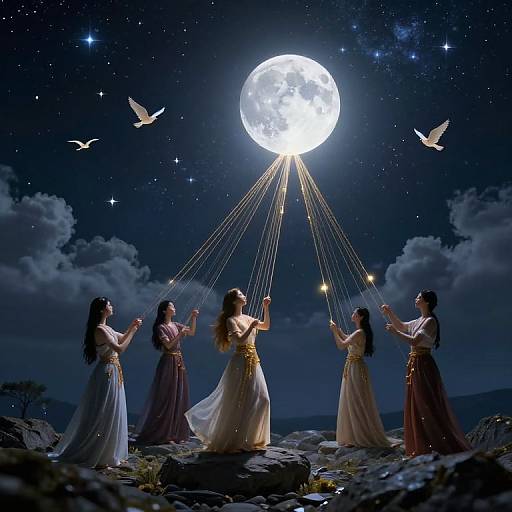 Four women in flowing, ancient-style dresses, standing on rocks, holding golden strings connected to a bright full moon, with birds flying in a starry