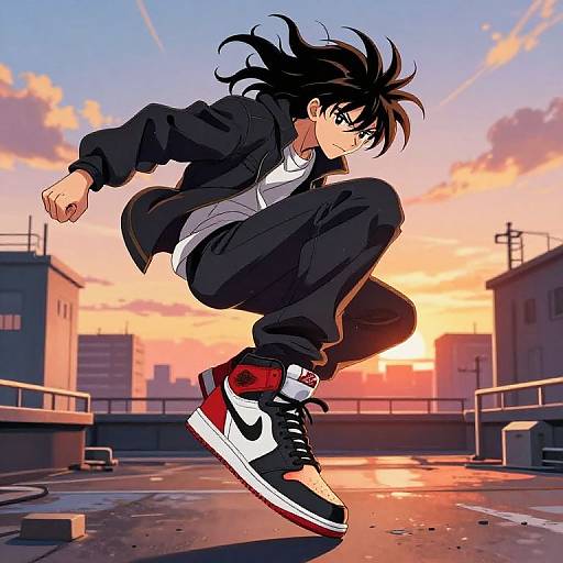 Anime-style digital drawing of a black-haired, intense male character in a black jacket and Nike sneakers, jumping mid-air against a vibrant sunset sky on a