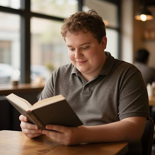 Photograph of a curly-haired, fair-skinned man in a gray polo shirt reading a book at a wooden table in a sunlit café.