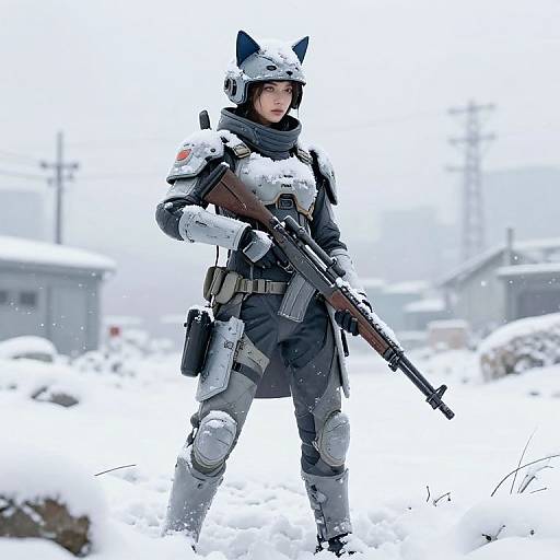 Digital artwork of a female soldier in snow-covered winter landscape, wearing white cat-ear helmet, black tactical gear, holding rifle, snowflakes falling