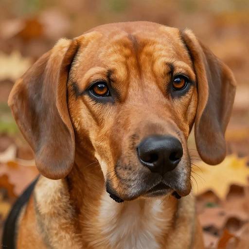 Close-up photograph of a brown and black beagle dog with soulful, dark brown eyes, set against a blurred autumnal background of fallen leaves.