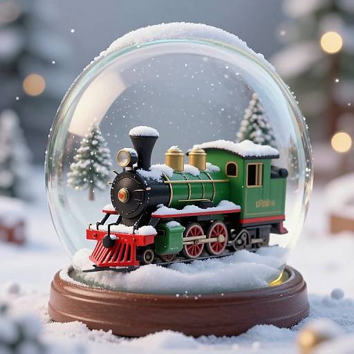 Photograph of a snow-covered miniature green steam locomotive inside a glass snow globe, with blurred snow-covered trees and twinkling lights in the background.