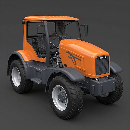 Photograph of a bright orange, four-wheel-drive tractor with black fenders, large white-rimmed tires, and a 