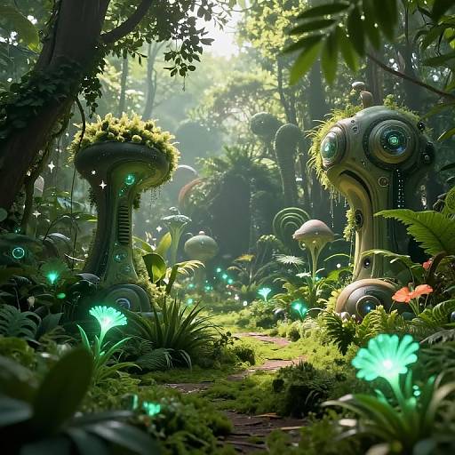 Digital artwork of a futuristic forest featuring glowing plants, bioluminescent flowers, and two robotic creatures with large, round eyes amidst lush greenery.