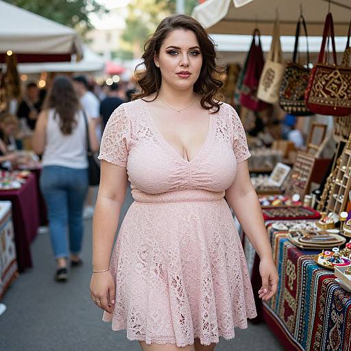Photograph of a plus-size woman with fair skin and dark brown wavy hair, wearing a pink lace dress, standing confidently in a bustling outdoor market