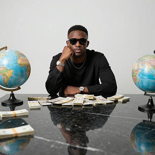 Photograph of a serious black man in black shirt and sunglasses, seated at glossy black table with dollar bills and globes on both sides.