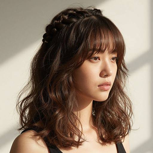 Photograph of an Asian woman with wavy, dark brown hair, styled with intricate braids at the crown, wearing a black top, lit by