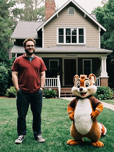 Photograph of a bearded man in a red polo and black pants standing on a lawn beside a cartoon chipmunk mascot in front of a beige