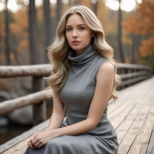 Blonde Woman Sitting on Wooden Bridge in Autumn