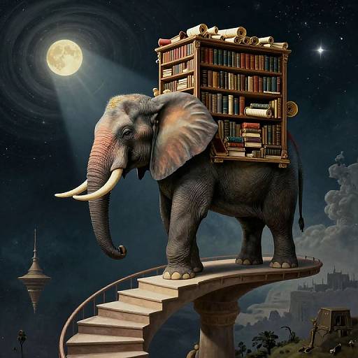 Digital illustration of a large elephant with a towering, book-filled shelf on its back, standing on a curved stone staircase under a full moon, with a