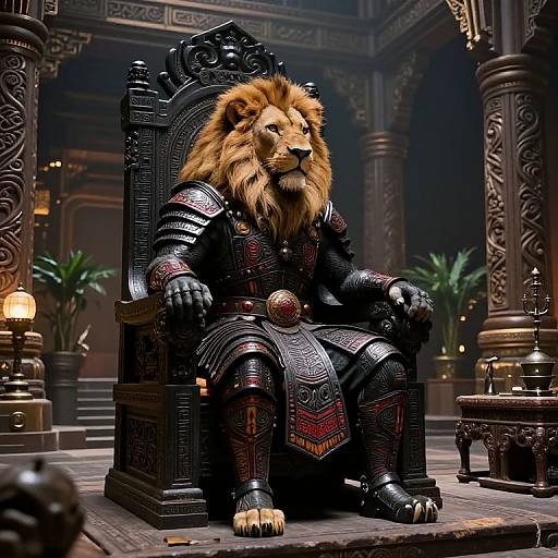 Digital artwork of a regal lion in ornate black armor, seated on a grand, intricately carved throne in a dimly lit, ancient temple