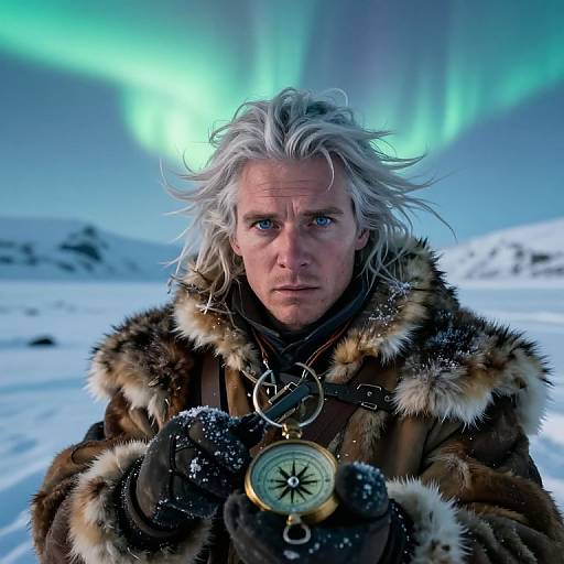 Photorealistic image of a white-haired man with blue eyes, wearing fur-lined Arctic attire, holding a compass, standing in snowy landscape with vibrant green