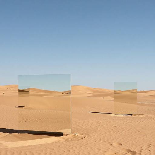 Photograph of a vast, empty desert with golden sand dunes under a clear blue sky, overlaid with three translucent rectangular frames.