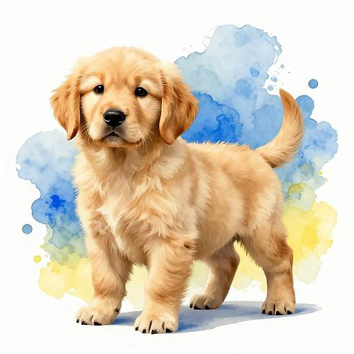 Digital painting of a cute, fluffy Golden Retriever puppy with soft, golden fur, standing with a curious expression, against a colorful watercolor background