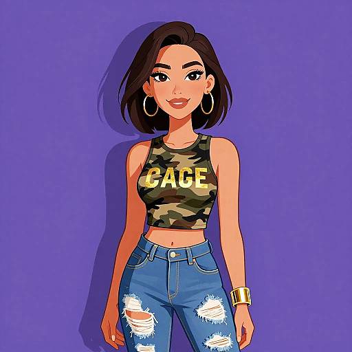 Digital drawing of a smiling woman with dark hair, wearing a camouflage 