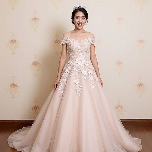 Photograph of a smiling Asian bride in an off-the-shoulder, lace, pale pink wedding gown with a voluminous skirt, standing against a