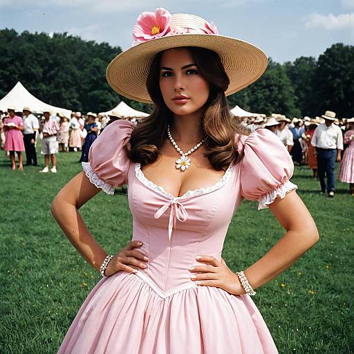 Woman in Pink Derby Dress and Sun Hat
