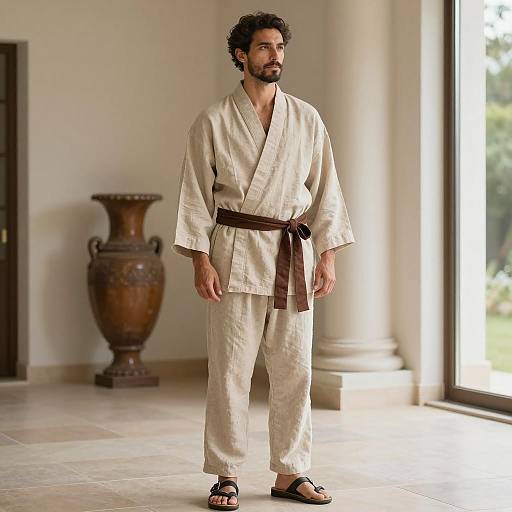 Man in Beige Linen Kimono with Brown Sash