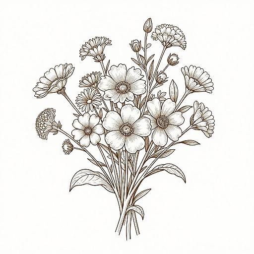 Black and white line drawing of a bouquet featuring various flowers, including daisies and chrysanthemums, with detailed petals and stems.