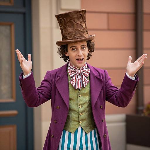 Photograph of a young man in a purple coat, green vest, striped pants, brown top hat, and bow tie, with arms raised, standing