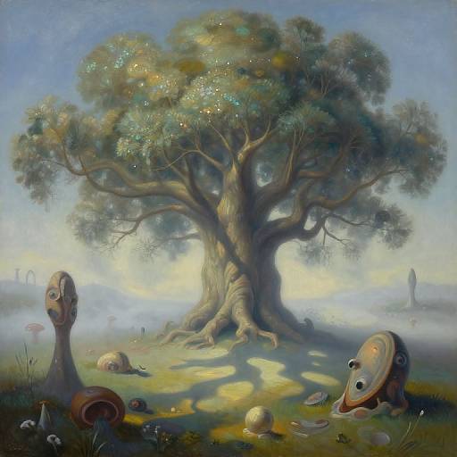 Whimsical painting of a giant, glowing tree with ethereal blue-green foliage, surrounded by surreal, masked creatures and mystical forest objects.
