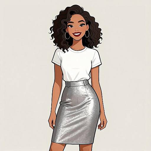 Smiling Woman in Metallic Pleated Skirt