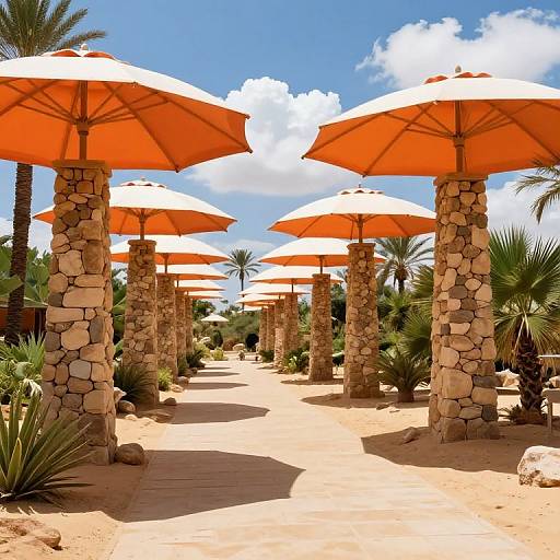 Surreal Desert Pathway with Umbrellas