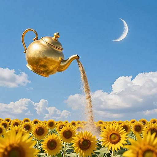 Golden Teapot Pouring Sand Over Sunflowers