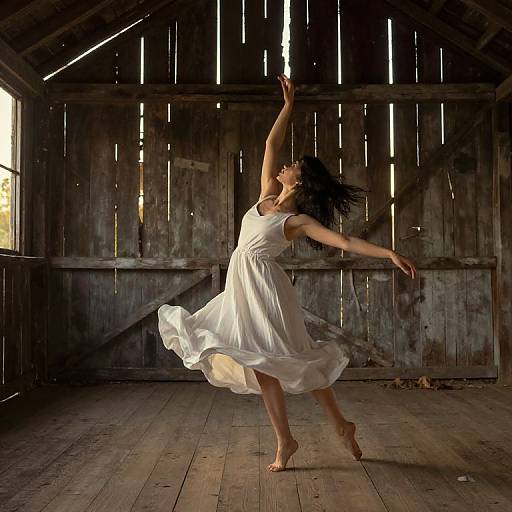 Photograph of a barefoot woman in a flowing white dress dancing gracefully in a dim, rustic wooden barn with sunlight streaming through.