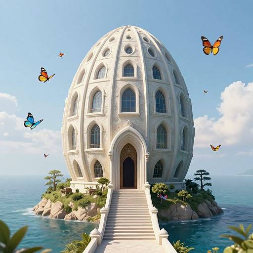 Digital artwork of a white, egg-shaped, Gothic-style mansion with arched windows, surrounded by turquoise ocean, rocky island, and colorful butterflies.