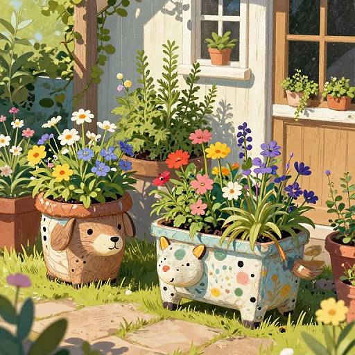 Whimsical Animal Planters in Garden